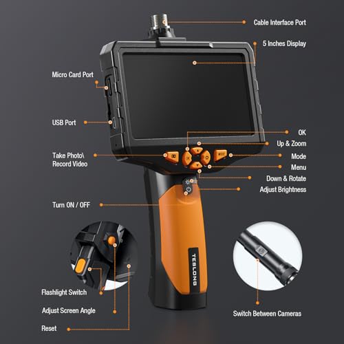 Teslong Inspection Camera, Dual Lens Borescope Camera with Light, NTS300 5" IPS Industrial Endoscope