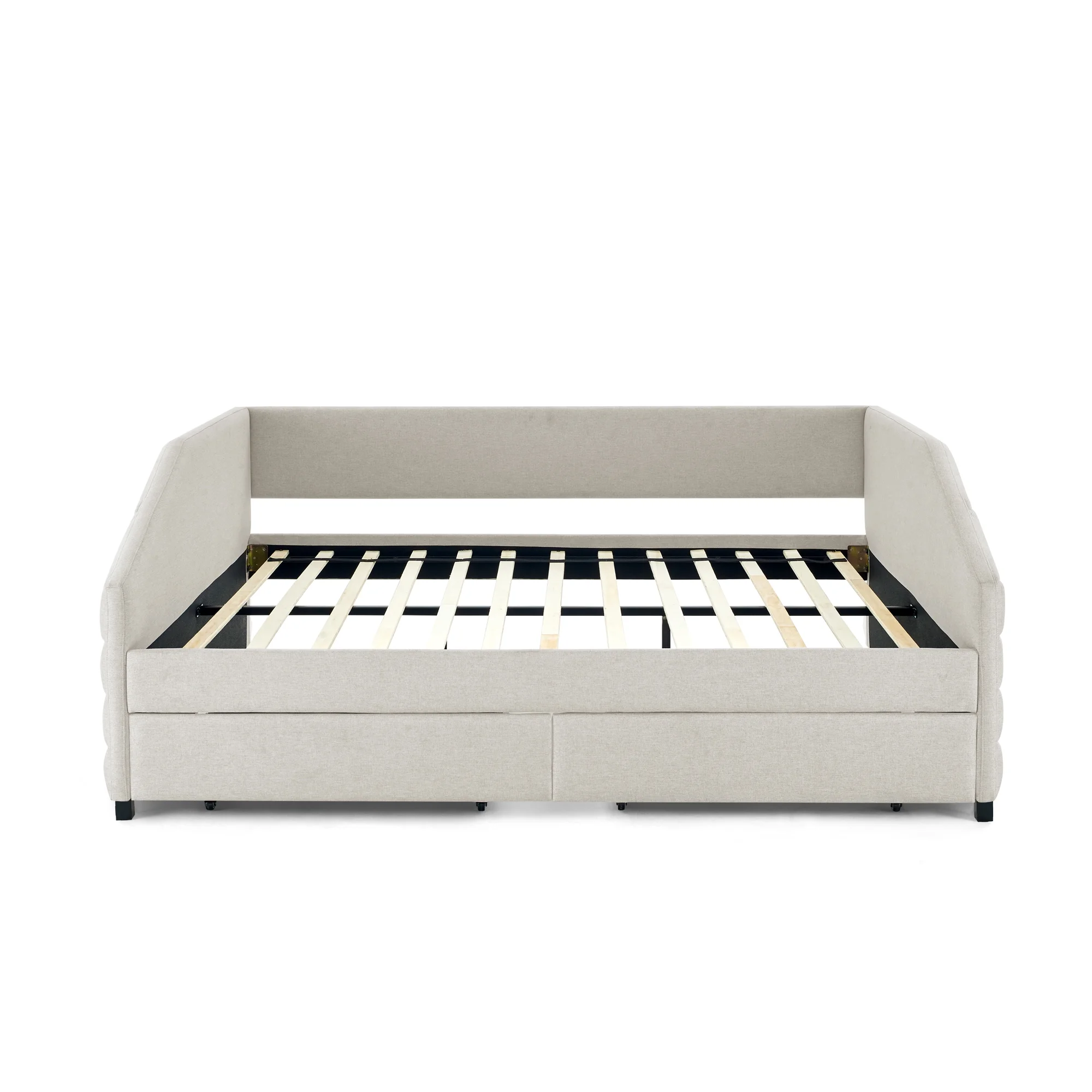 Queen Size Daybed with Two Drawers Trundle Upholstered Tufted Sofa Bed, Linen Fabric, Beige (88"x64.5"x34")