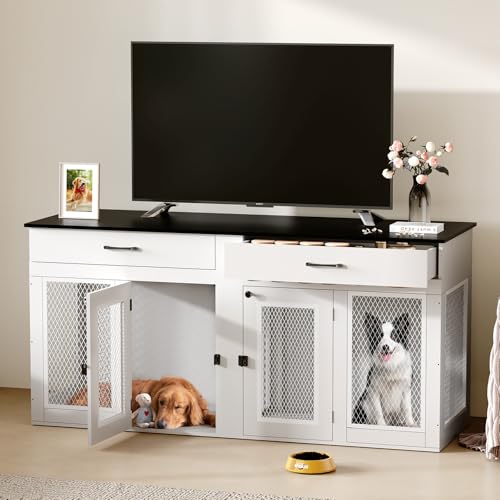 71 Inch Dog Crate Furniture for 2 Dogs, XXL Double Cage with Removable Divider & Large Doors, Heavy Duty Wooden Dog Kennel, Indoor Pet House (Black