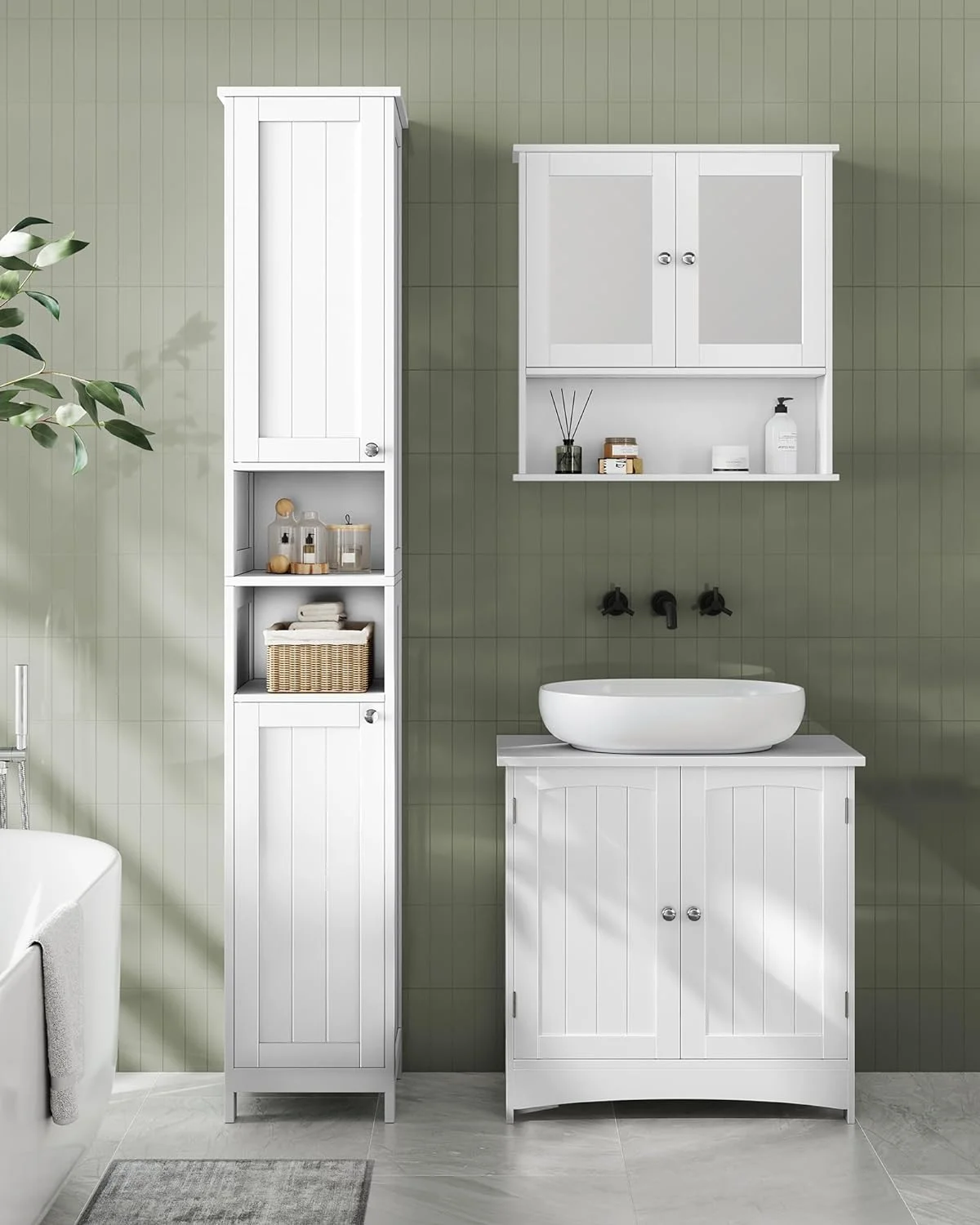 QCAI Tall Bathroom Cabinet with Lights, Slim Bathroom Storage Cabinet, Freestanding Narrow Cabinet with Adjustable Shelves, Open compartments