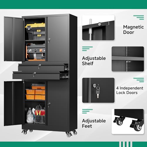 Letaya Metal Garage Storage Cabinet with Drawer,4 Door Tool Cabinet with Lock-2 Adjustable Shelves for Garage Home Office Utility Room (Black)