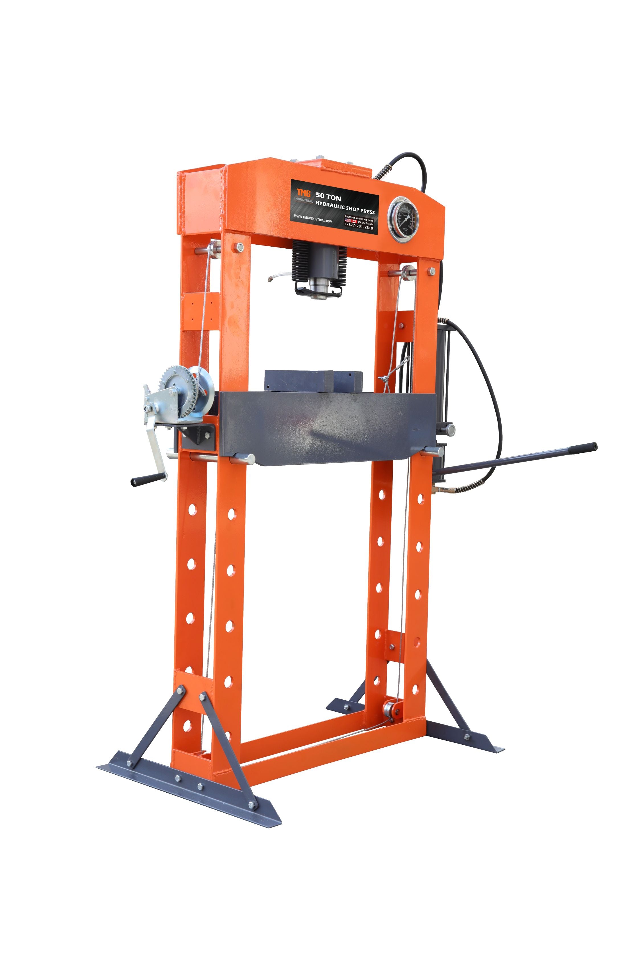 TMG-SP50 50 Ton Capacity Hydraulic Shop Press, Heavy Duty Pressing, Air and Manual Dual Operating, 125 PSI