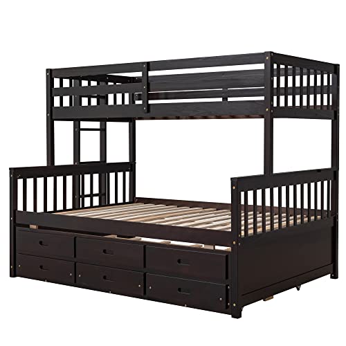 Harper & Bright Designs Twin Over Twin Bunk Bed with Storage Drawers, Solid Wood Bunk Bed Frame with Trundle, for Kids, Teens, Adults (Espresso)