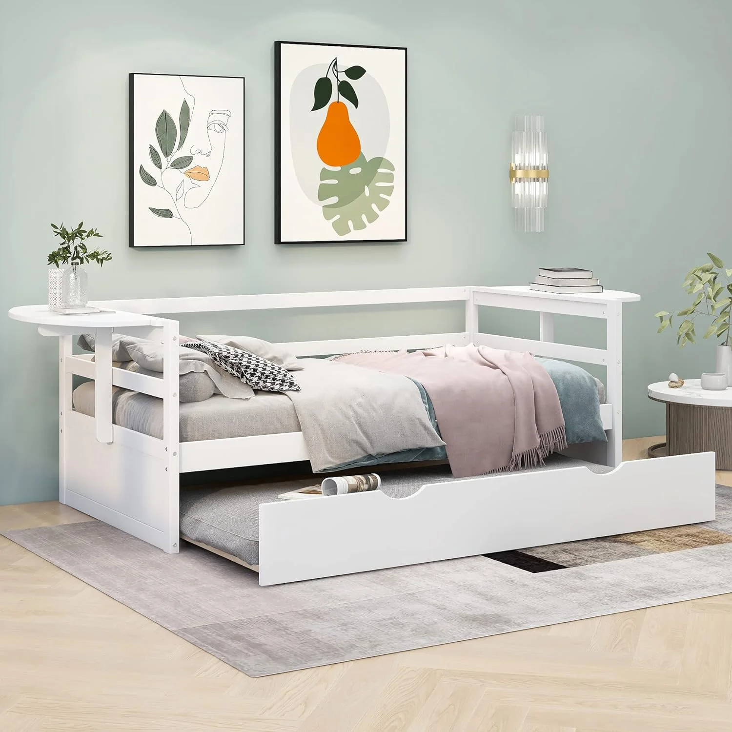 Size Daybed With Trundle, Solid Wood Daybed Frame With Foldable Shelves On Both Sides, For Kids Teens Guests. Bedroom Living Room Furniture (, White)
