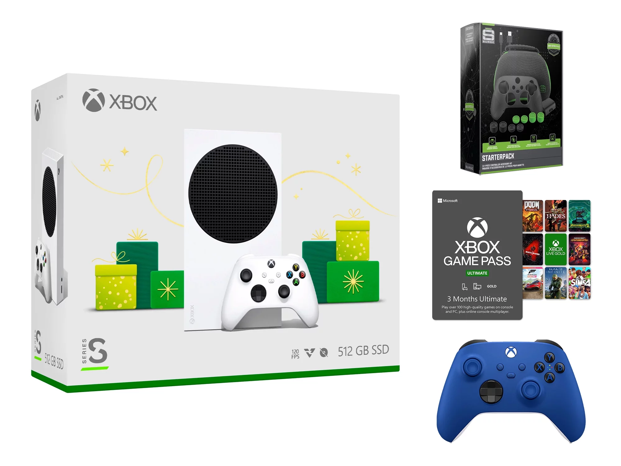 Xbox Series S 512GB All-Digital Holiday Bundle Console with Extra Shock Blue Controller, Game Pass Ultimate: 3 Month and Surge StarterPack
