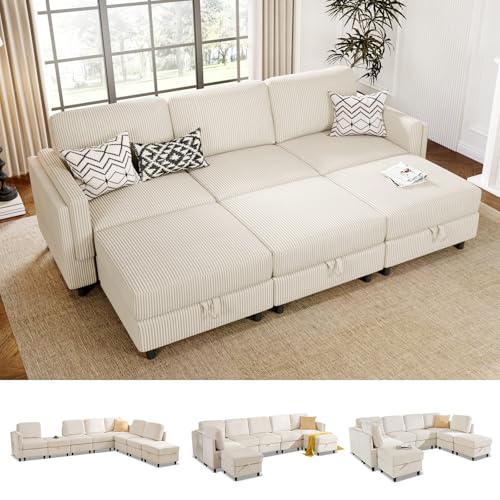 KKL Modular Sectional Sofa Bed with Storage Ottoman, Convertible L/U-Shaped Sleeper Couch for Living Room, Modern Reversible Design, Beige