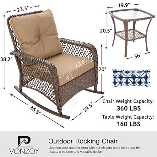 Patio Furniture Set 3 Pieces, Wicker Rocking Bistro Set with Thick Cushions, Outdoor Rocker Chairs and Coffee Table for Porch