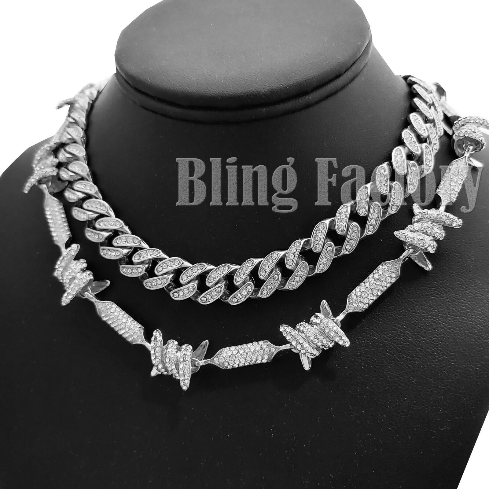 Hip Hop Silver PT Bling Full Iced 18" Cuban & Barbed Wire Choker Chain Necklace
