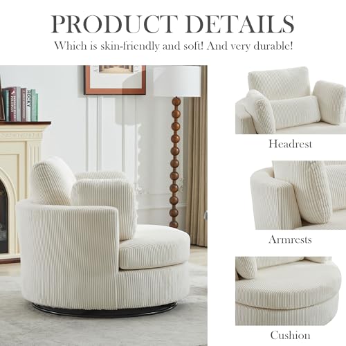 Aoiy & Wifon 42.2" W Oversized Swivel Barrel Chair with Ottoman, Upholstered Round Accent Chair with Storage Ottoman, Chenille, Beige