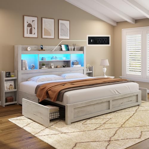 AMERLIFE Queen Bed Frame with 4 Storage Drawers, LED Platform Bed with 49" Bookcase Headboard