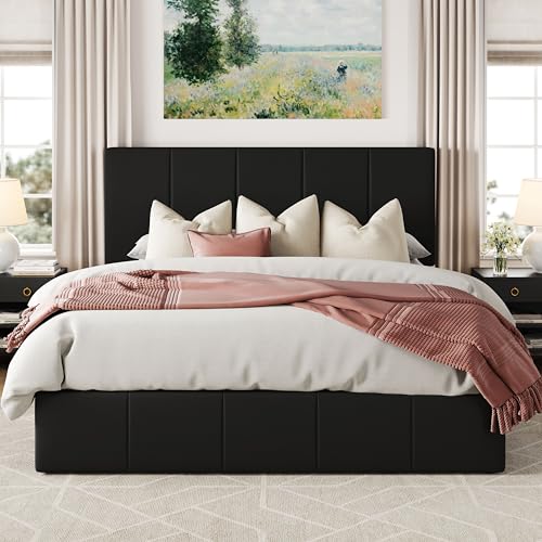 Allewie Queen Size Velvet Lift Up Storage Bed Frame, Vertical Channel Tufted Headboard, Hydrualic Underneath Storage, Upholstered Platform Bed
