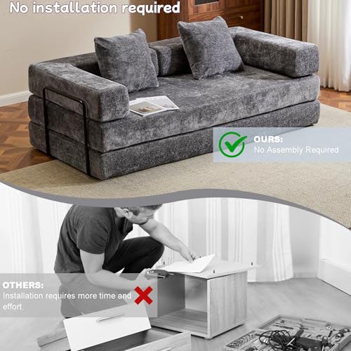 Convertible Floor Sofa Bed, Foldable Mattress Cloud Couch with Pillow Back & Armrest, Chenille Sleeper Sofa Bed with Fixed-Shape Frame