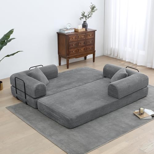 Convertible Sleeper Sofa Bed with Cylindrical Pillow, Corduroy Folding Mattress Couch with Fixed-Shape Frame