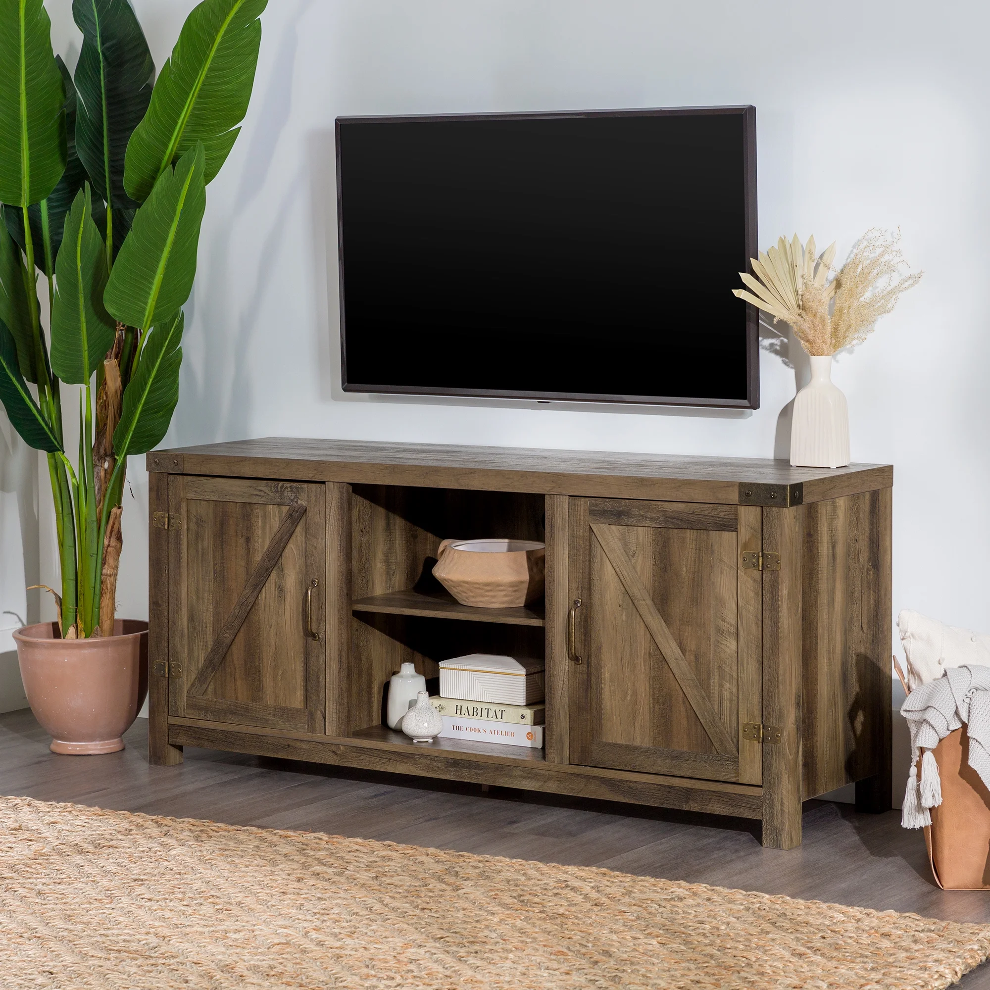 Walker Edison Modern Farmhouse Barn Door TV Stand for TVs up to 65, Grey Wash