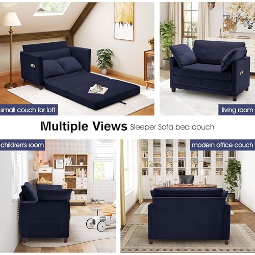 51" Loveseat Sleeper Sofa Bed, Chenille Convertible Floor Sofa Bed for Small Spaces, Folding Couch Bed with Deep Seat, 2 Pillows & Solid Frame