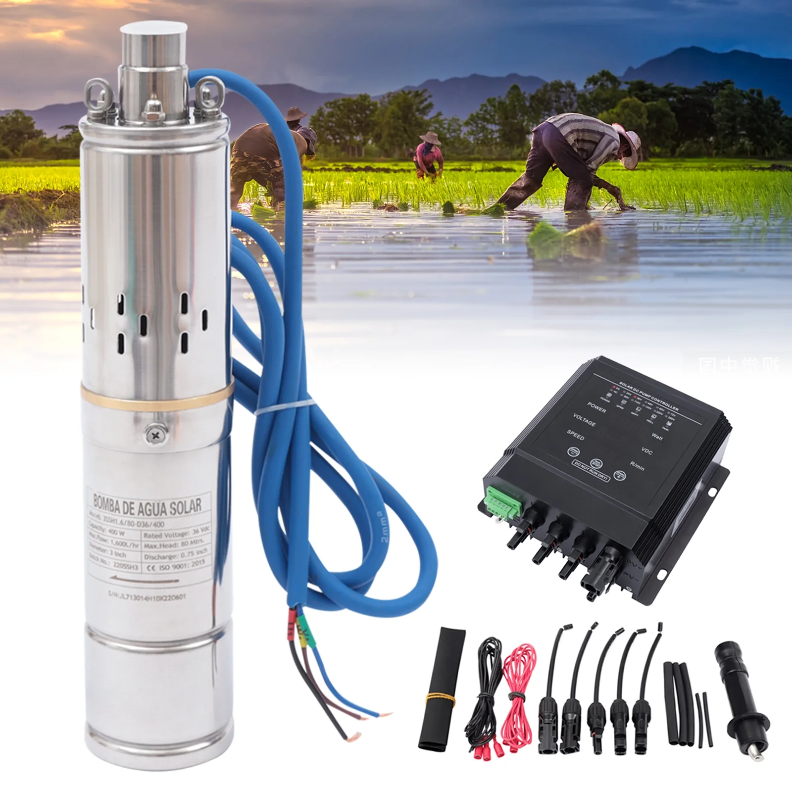Loyalheartdy Deep Well Submersible Pump, 3" Stainless Steel Solar Water Pump Permanent Magnet Brushless DC Motor w/Controller 262'