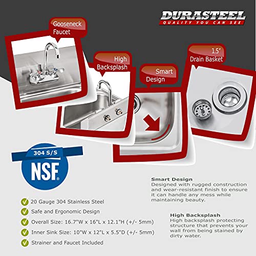 DuraSteel Stainless Steel Sink - Commercial Wall Mount Kitchen Sink - Small Hand Sink Wash Basin - With Sink Strainer and Faucet - For Laundry