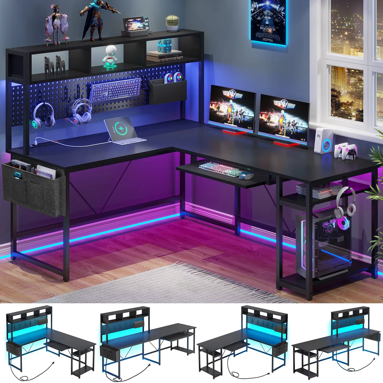 Afuhokles L Shaped Gaming Desk, Reversible 94.5" Office Desk with Power Outlet and Pegboard, Gaming Desk with Led Light