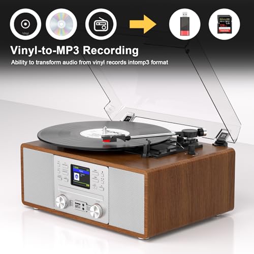 8-in-1 Retro Bluetooth Record Player with Built-in Stereo Speakers | Wireless 3-Speed Turntable for Vinyl, CD, MP3, USB/SD