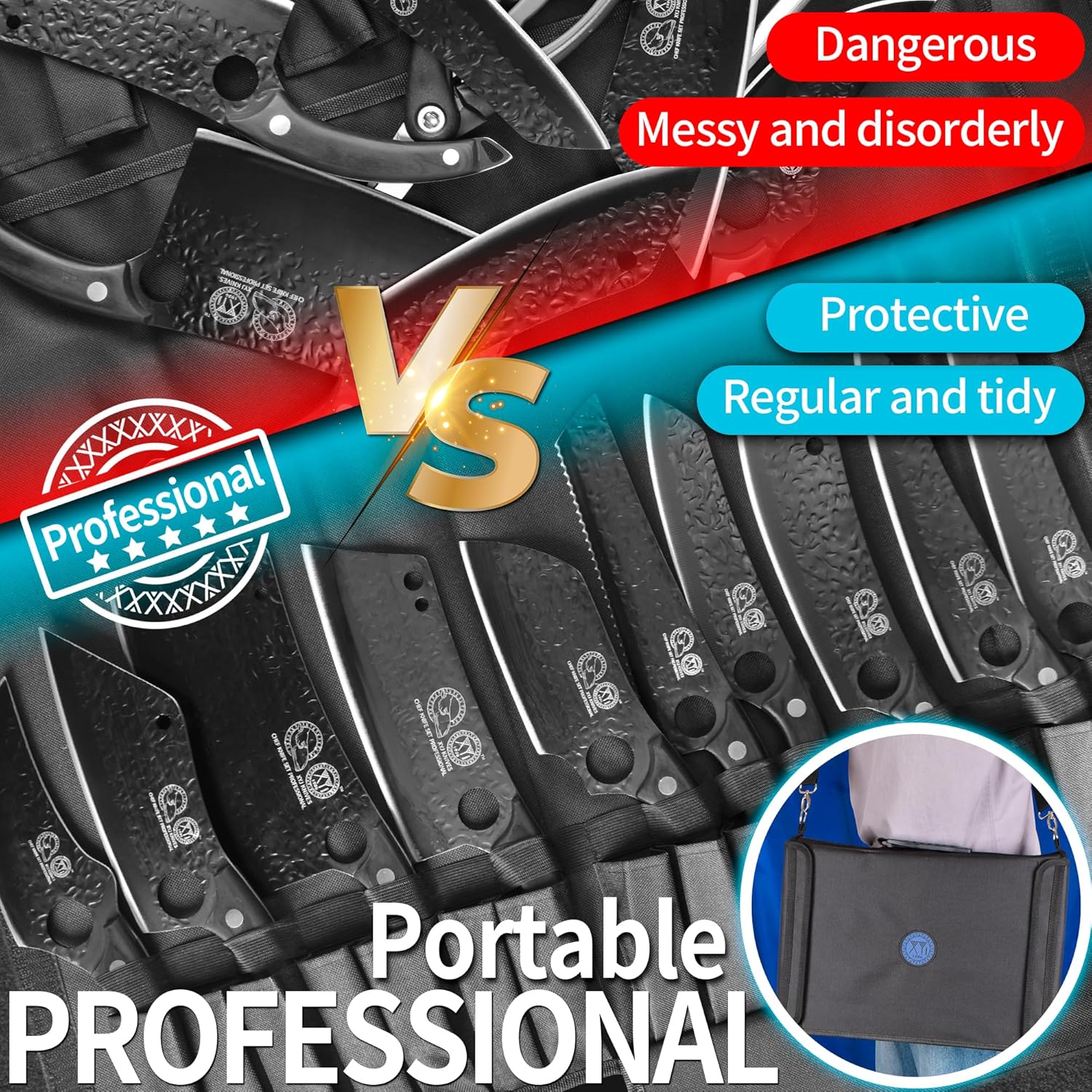 XYJ Professional Kitchen Knife Set with High-Carbon Steel Forged Blades, Chef's Knife, Cleaver, Carving Knife, Nakiri, Full Tang Design