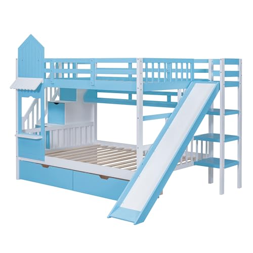 Harper & Bright Designs Twin Over Twin Bunk Bed with Stairs and Slide, Solid Wood Bunk Bed Frame with Storage Drawers and Bookshelf