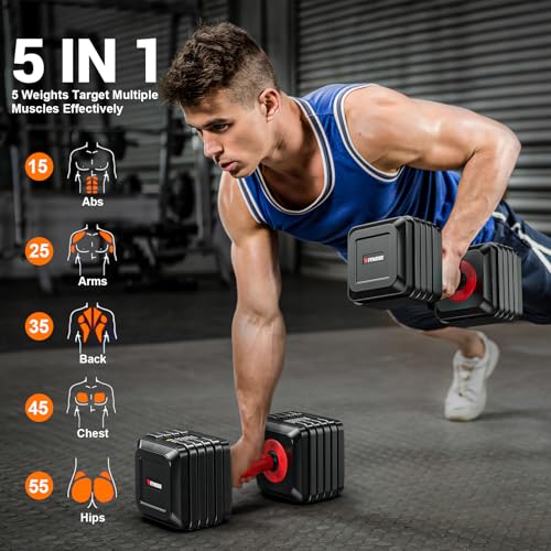 Adjustable Dumbbells Set of 2, 1-Sec Adjustable Weights Dumbbells Set, 5 in 1 Free Dumbbell with Anti-Slip Texture Handle