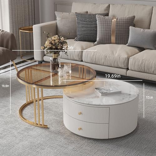 28IN Modern Coffee Tables - Wave Panel & Metal Frame | Nesting Round Coffee Table Set of 2, Dining Table for Home Living Room, Office (Glass)