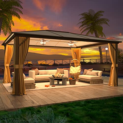 YOLENY 10'x13' Hardtop Gazebo, Outdoor Polycarbonate Double Roof Canopy, Aluminum Frame Permanent Pavilion with Curtains and Netting