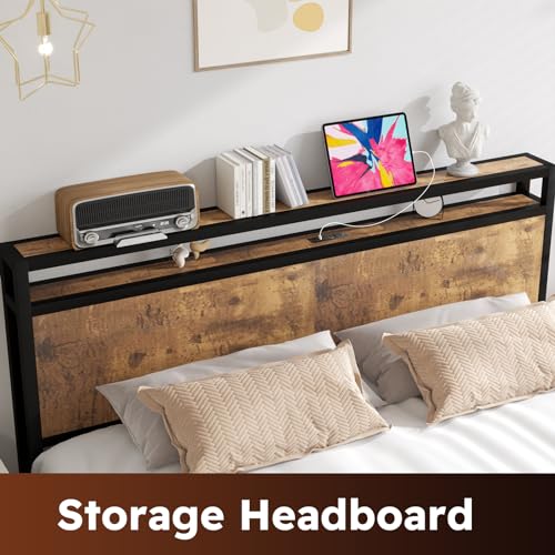 Queen Size Bed Frame with 4 Storage Drawers, LED Platform Bed with Headboard, Built in Charging Station, Noise Free, Stable and Solid