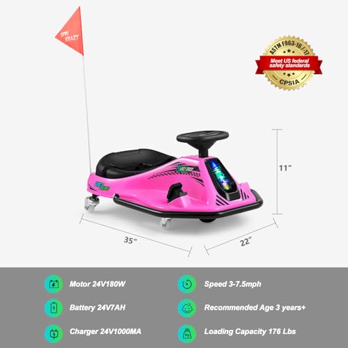360 Degrees Rotating Ride On Drift Car and 2 Replacement Universal Wheels, 24V Electric Drifting Go Kart for Kids W/Brushless Motor, High/Low Speed