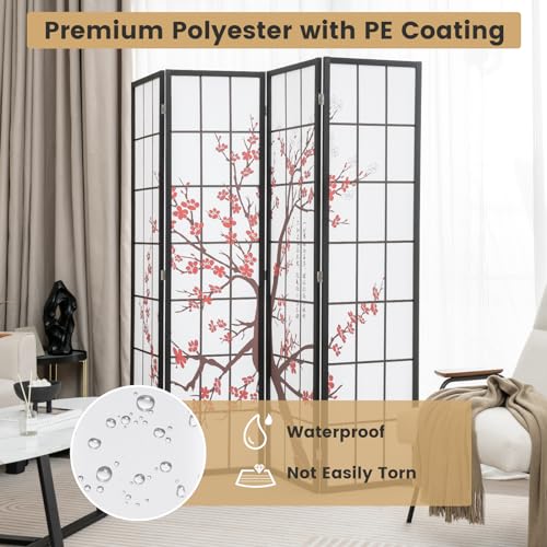 GOFLAME Japanese Style 4 Panel Room Divider, 6ft Folding Shoji Screen Room Partition with Plum Blossom Design, Solid Wood Frame