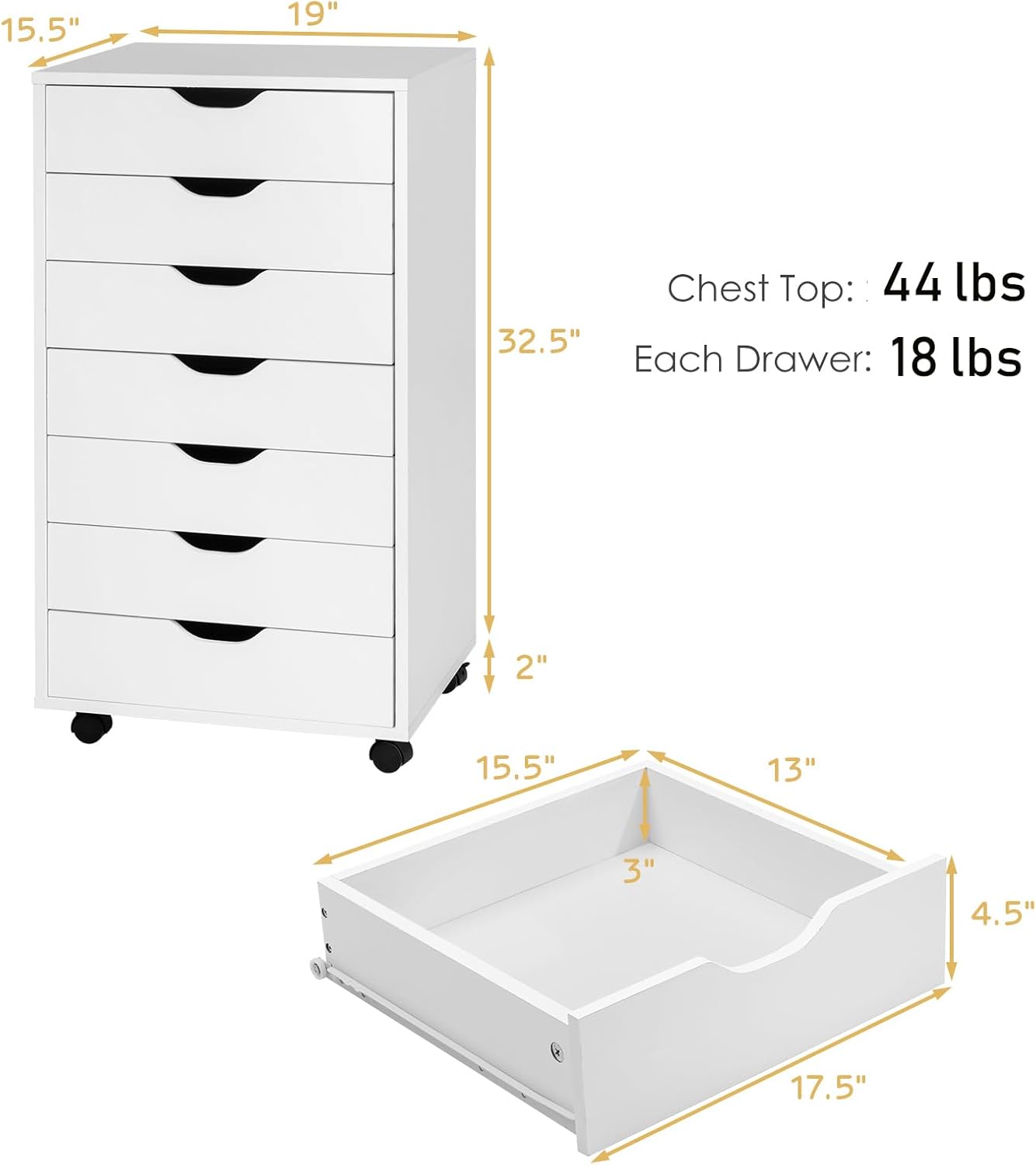 7 Drawers File Cabinet, 34.5”Vertical Filing Cabinet for Home Office, Under Desk Storage Cabinet with Wheels, Mobile Chest of Drawers