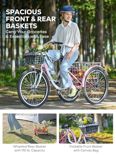 Viribus Adult Tricycle, 7 Speed Tricycle for Adults with Front & Rear Removable Wheeled Baskets, 3 Wheel Bikes for Adults Seniors Women Men