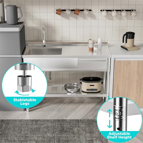 47" 304 Stainless Steel Utility Sink, Free-Standing Commercial Sink with Workbench, Drawer Storage & Hot/Cold Water Pipes for Laundry