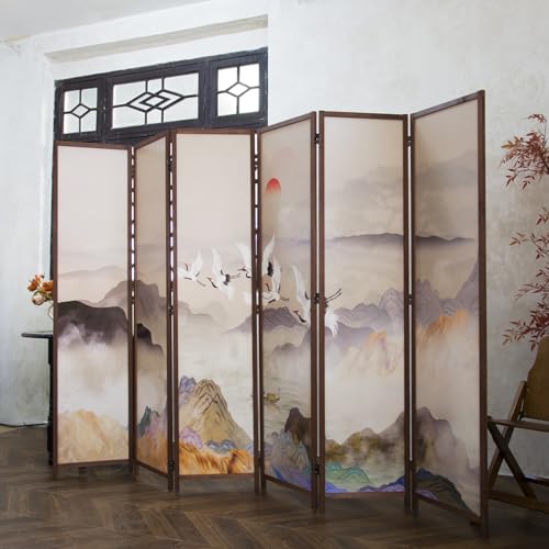 6 Panel Room Divider Screen,Double Faced Room Divider Folding Wall Divider for Room Separation,Mountains and Waters Landscape,67" H x 94.5" W