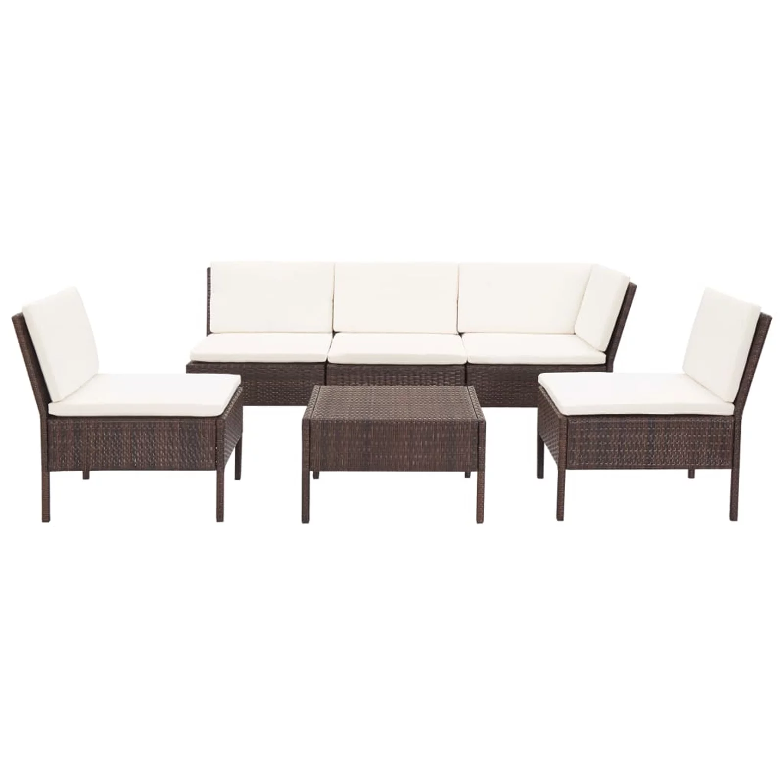Dcenta 6 Piece Outdoor Conversation Set White Cushioned Corner with 4 Center Sofas and Coffee Table Brown Poly Rattan Patio Sectional Set for Garden