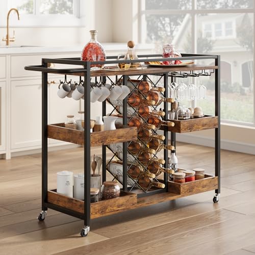 Bar Cart, 39.4 Inches Width 3 Tier Bar Carts for The Home, Home Bar & Serving Carts, Rolling Bar Cart with Wheels