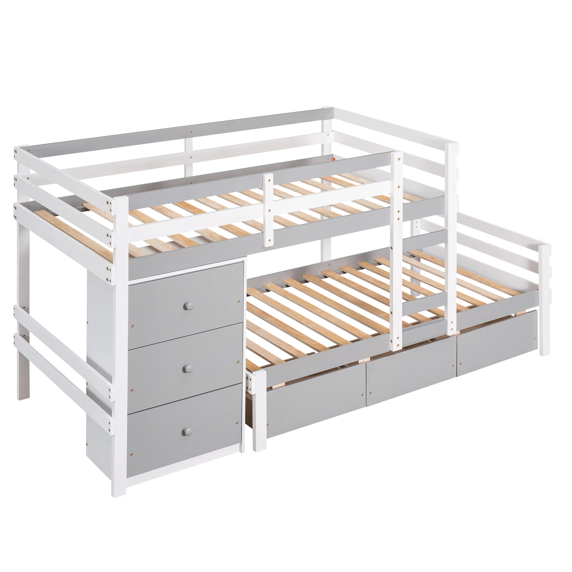 Euroco Twin over Twin Bunk Bed with Six Drawers for Kids Room, Gray