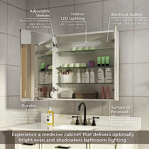 Lighted Medicine Cabinet with Mirror, 36" x 30" LED Medicine Cabinet Mirror for Bathroom with Built-in High-Power Outlet, Stepless Dimming & Defog