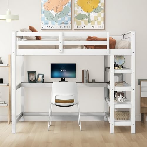 Full Size Loft Bed with L-Shaped Desk, Wardrobe and Storage Shelves, Solid Wood Bedframe w/Safety Guardrails & Ladder for Kids Teens Adults