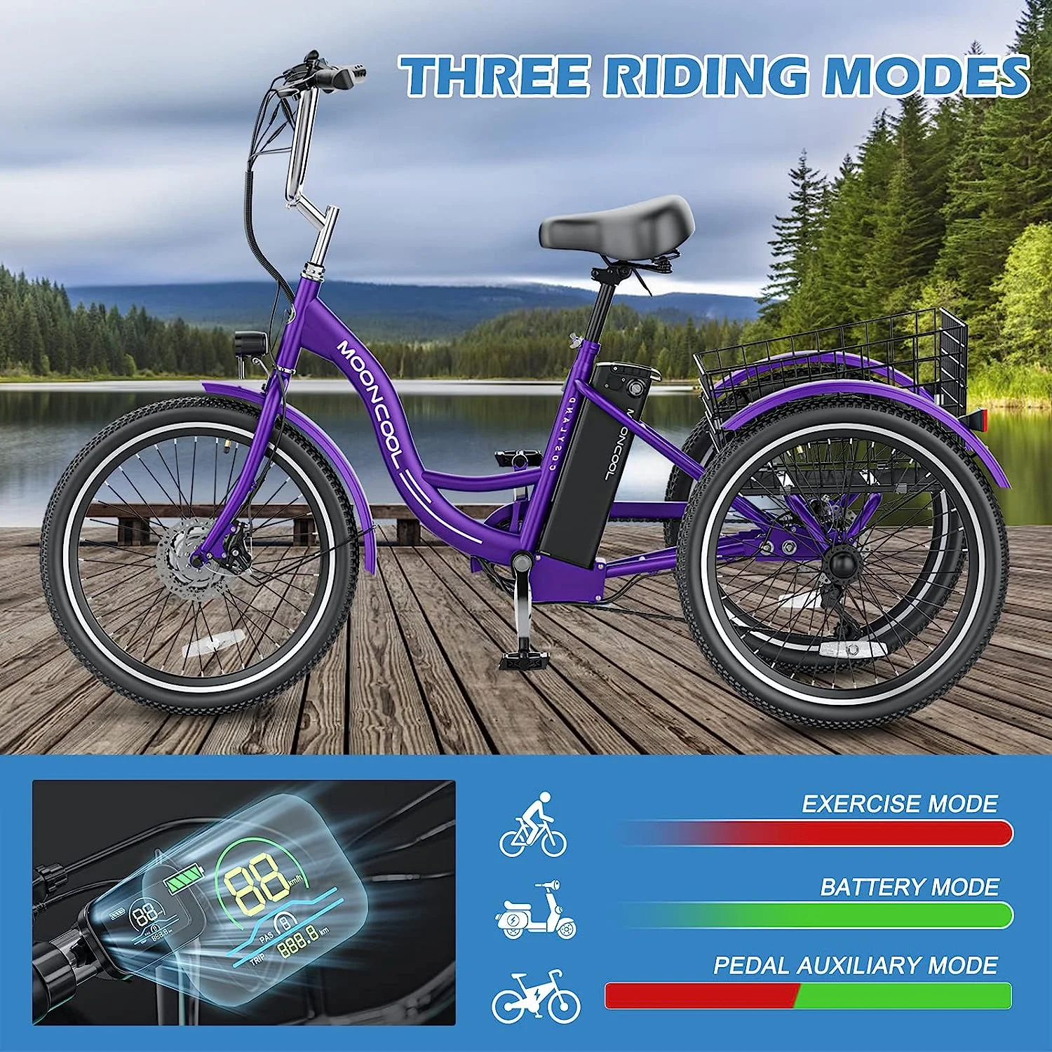 MOONCOOL 350W Motorized Electric Trike, 7 Speed 3 Wheel Electric Bicycle with 36V 14.5Ah Lithium Battery UL Certified