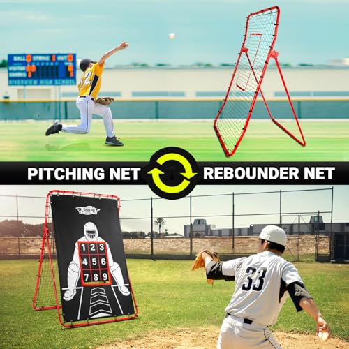 2 in 1 Baseball Rebouder Net and Pitching Net, Adjustable Pitch Back Baseball Rebounder with Strike Zone,Base Ball Bounce Back Net for Pitching