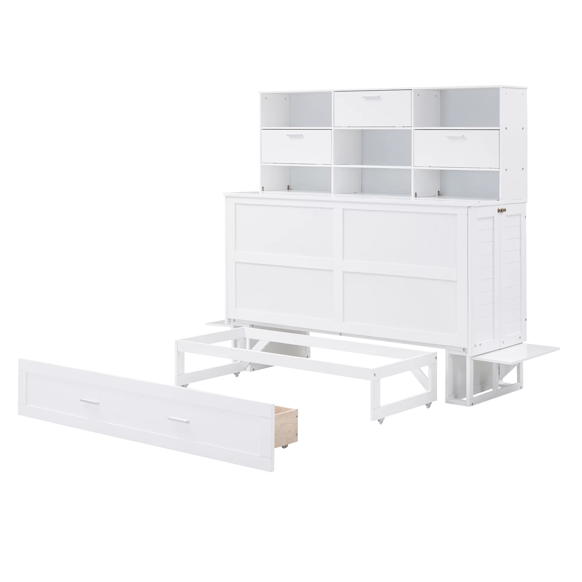Euroco Queen Size Murphy Bed with Bookcase, Shelf and Drawer, Convertible into a Cabinet with Bookcase for Living Room