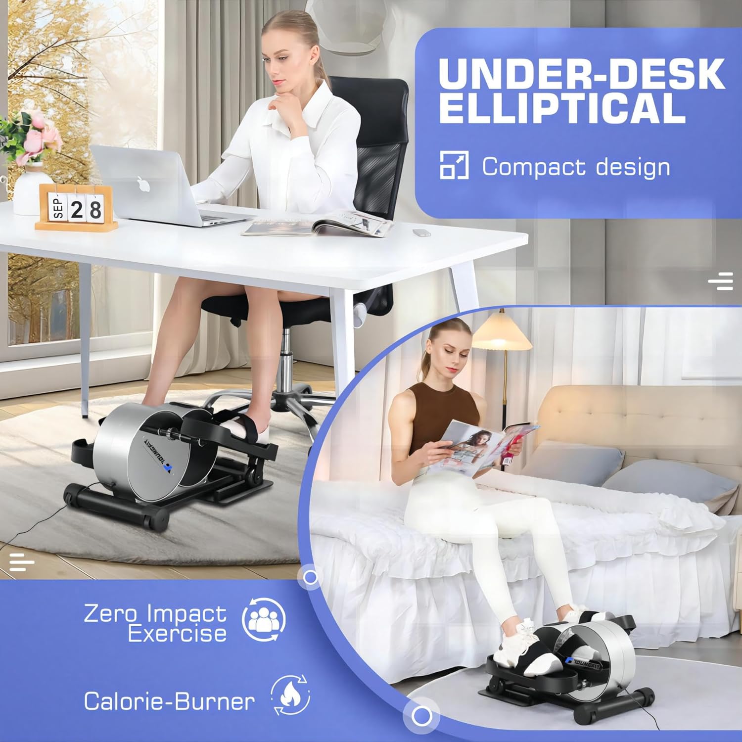 Under Desk Elliptical, Electric Seated Foot Pedal Exerciser with Fitness APP, Mini Elliptical for Home, LCD Display Monitor, Remote Control