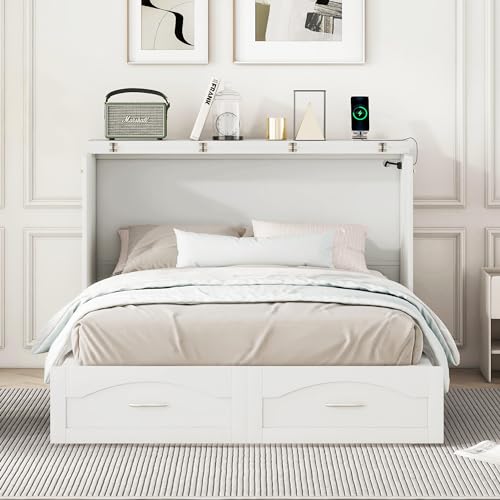 Queen Size Murphy Wall Bed with Storage, Bookcase Headboard, Solid Wood Cabinets, Shelves, Drawers and USB Ports