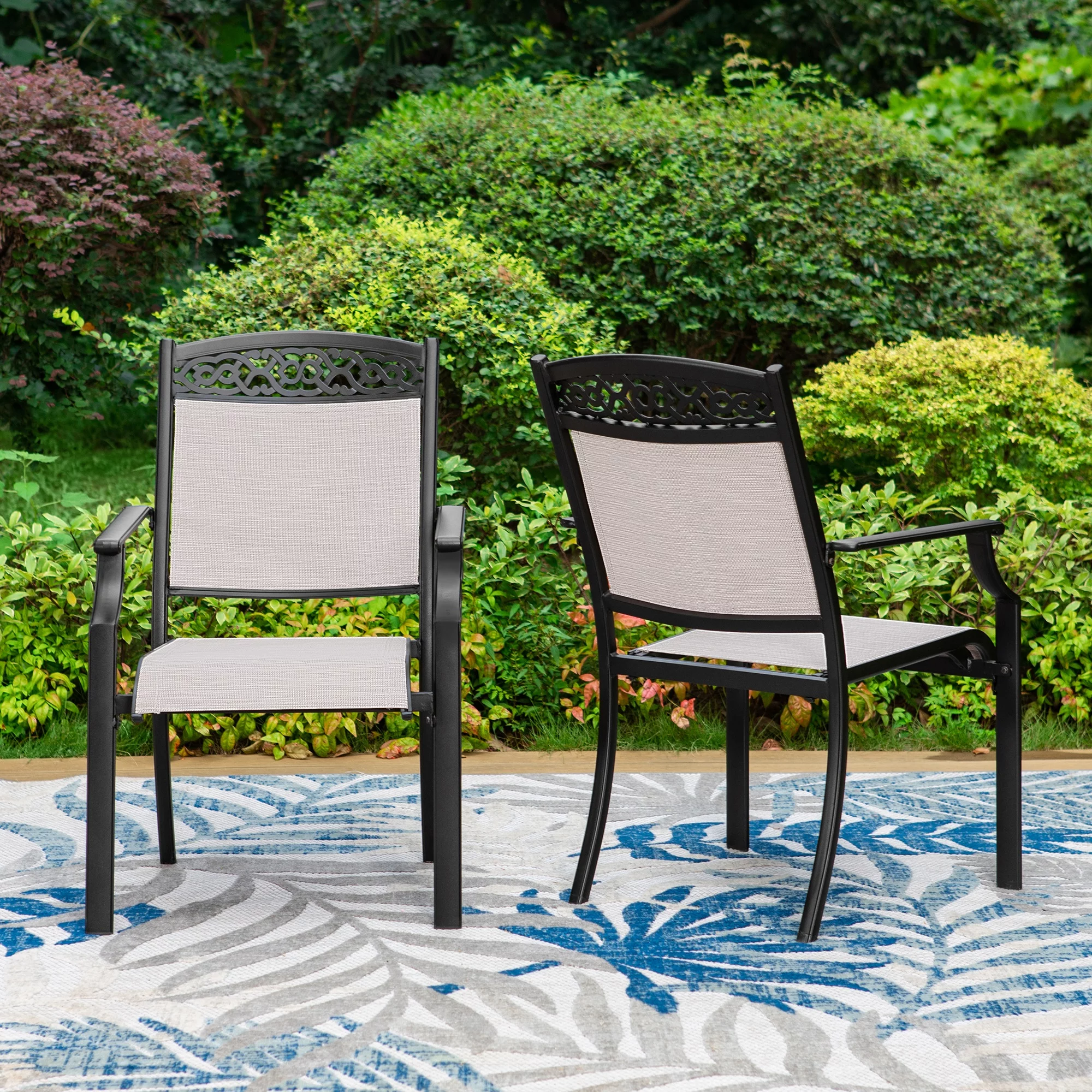 MF Studio 5-Piece Outdoor Patio Dining Set with 4 Pieces Cast Aluminum Stackable Armchairs and 1 Piece Metal Steel Dining Table,Black&Beige