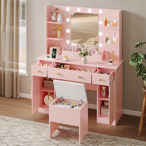 Vanity Desk with Mirror and Lights, Makeup Vanity with Charging Station & Vanity Stool