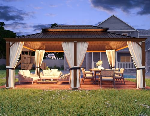 YOLENY 10' x 12' Hardtop Gazebo, Metal Gazebo with Aluminum Frame, Double Galvanized Steel Roof, Curtains and Netting Included