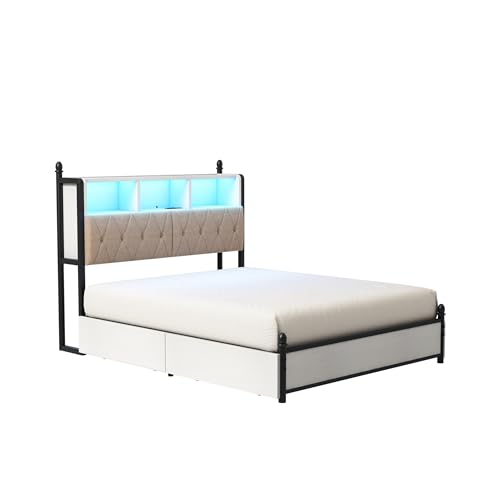 AMERLIFE Full Size Bed Frame with Bookcase Headboard, 4 Storage Drawers, Wooden Platform Bed with Charging Station & LED Light, No Box Spring Needed