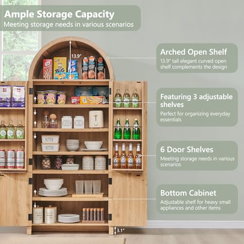 71" Tall Arched Kitchen Pantry, Modern Fluted Wood Storage Cabinet with Doors, 3 Adjustable Shelves, 6 Door Shelves, Organizer